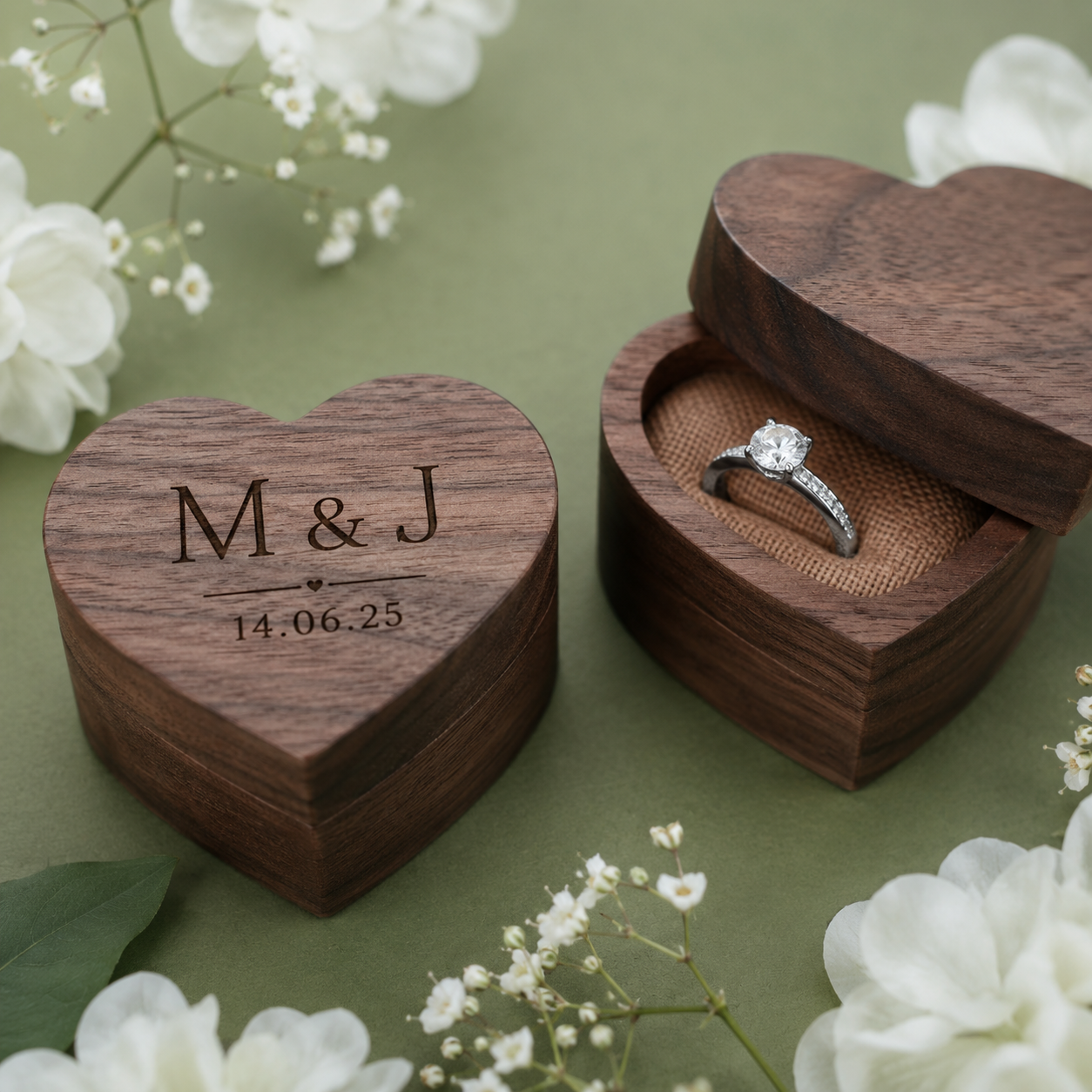 Personalised Engraved Oak Wedding Ring Box – Heart-Shaped Ring Holder
