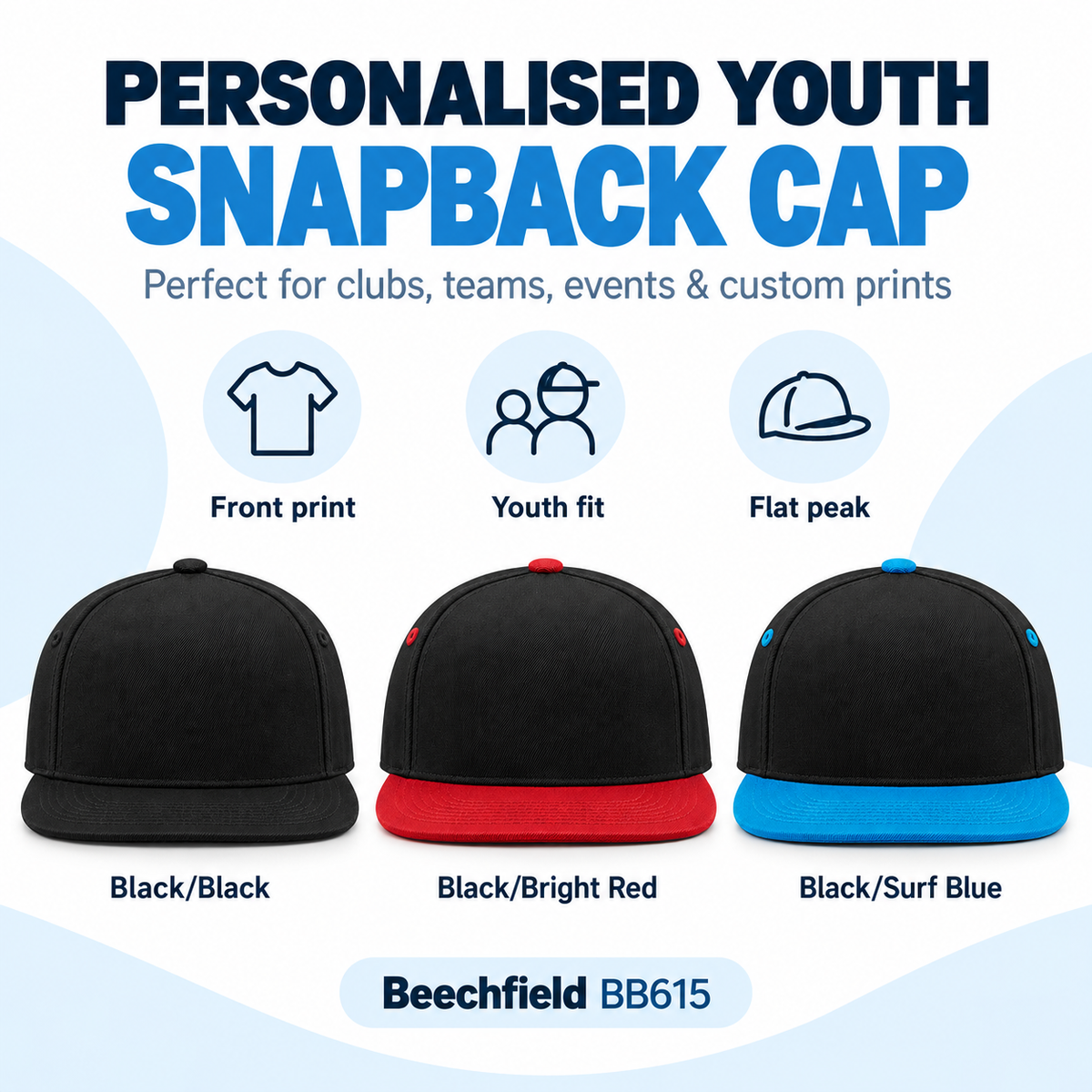 Personalised Beechfield BB615 Youth Snapback Cap – Custom Printed Kids Flat Peak Cap