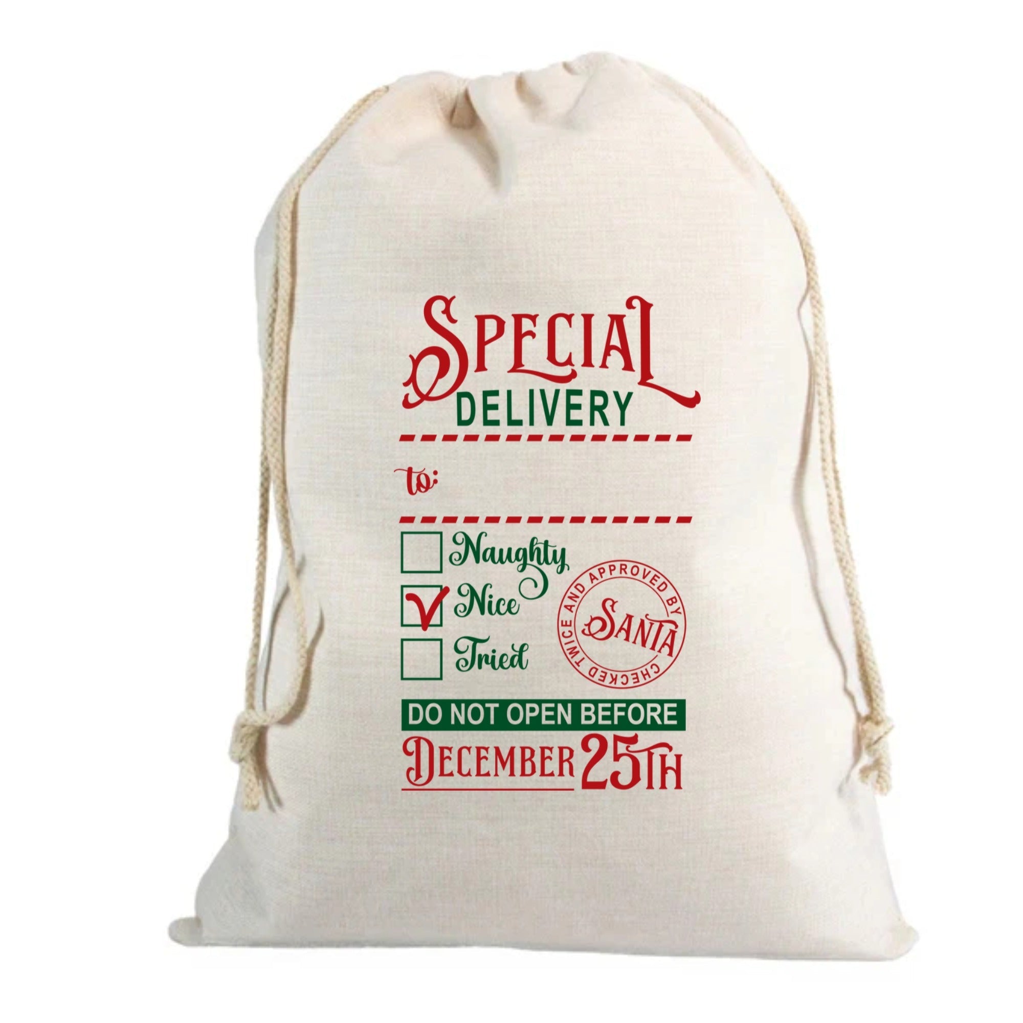 🎅 Personalised Special Delivery Design Custom Name Linen Santa Sack – 70 x 85cm