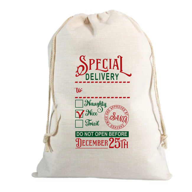 🎅 Personalised Special Delivery Design Custom Name Linen Santa Sack – 70 x 85cm