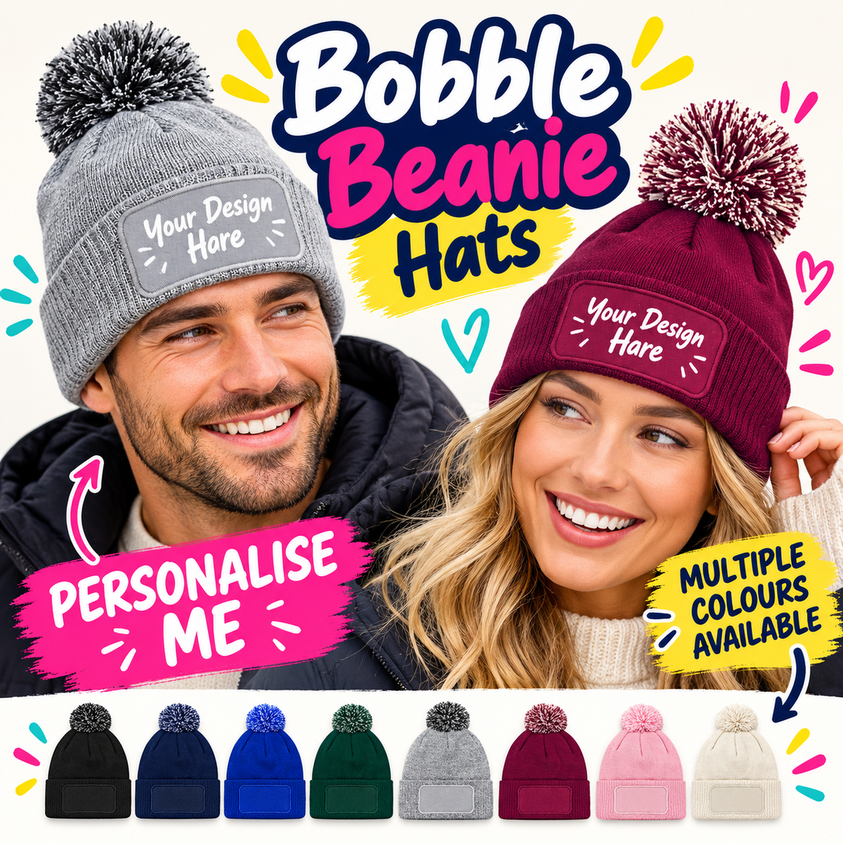 Fully Personalised Beechfield  Pom Pom Bobble Hat - All Colours