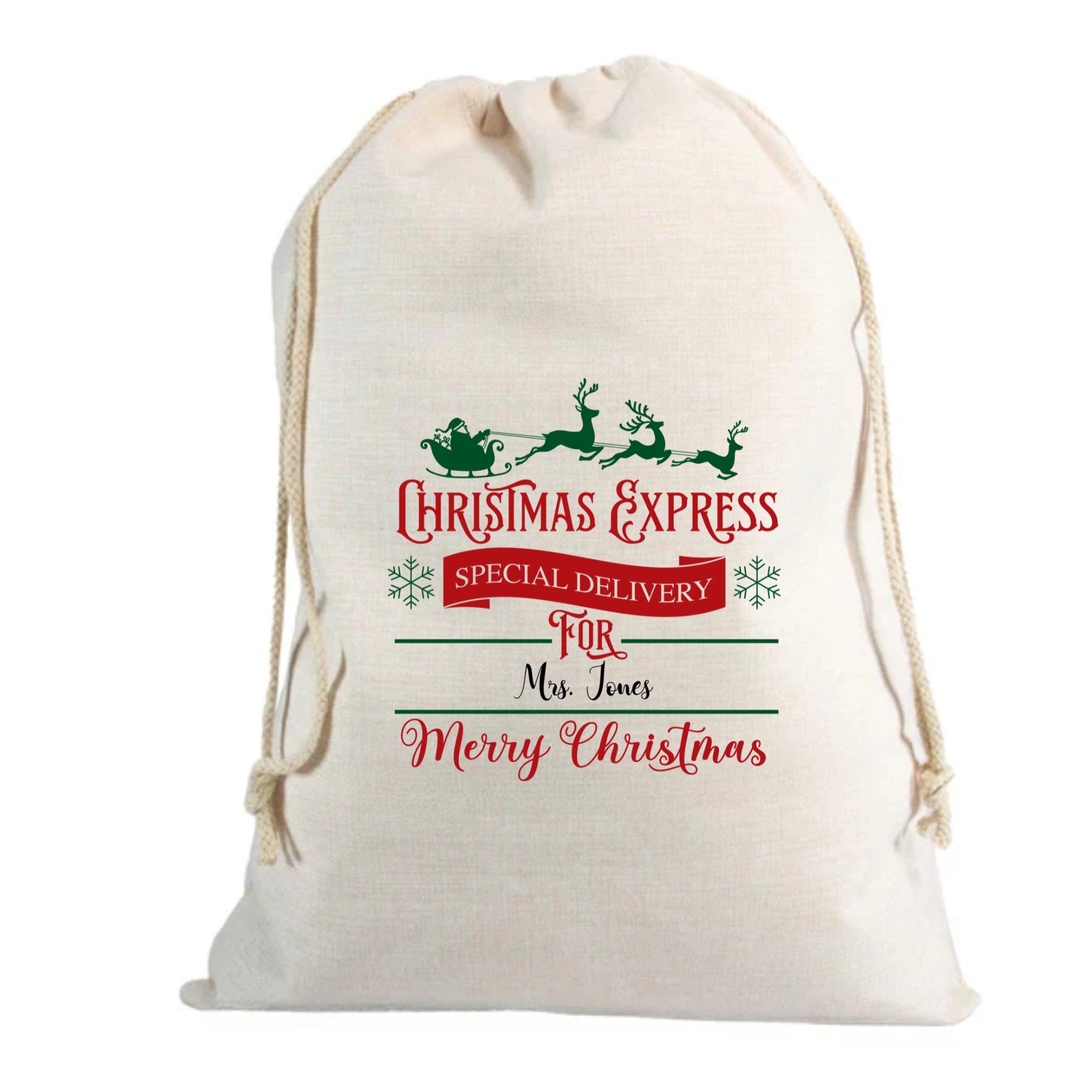 🎅 Personalised Christmas Express Design Custom Name Linen Santa Sack – 70 x 85cm