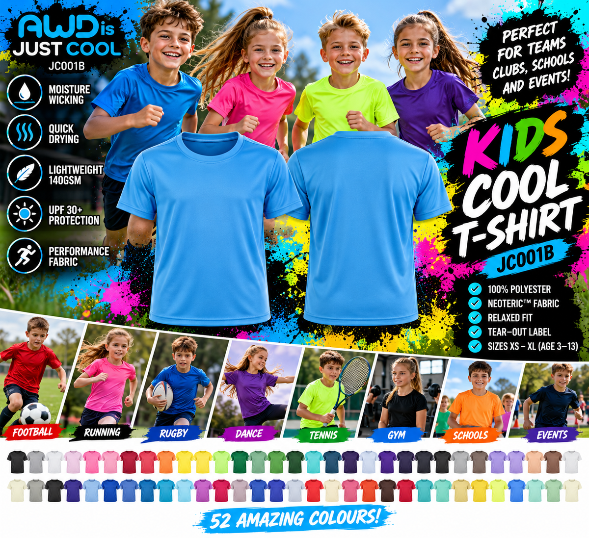 Personalised Kids AWDis JC001B Cool T-Shirt – Custom Printed Sports & PE T-Shirt
