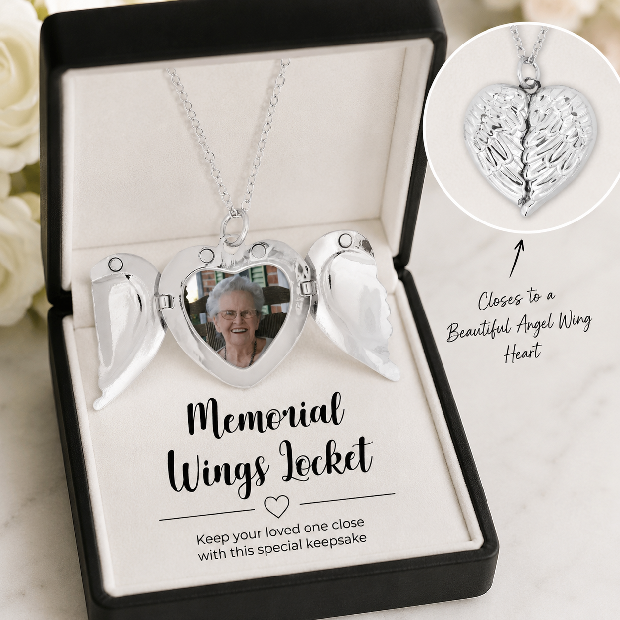 Angel Wings Heart Metal Locket Memorial Necklace