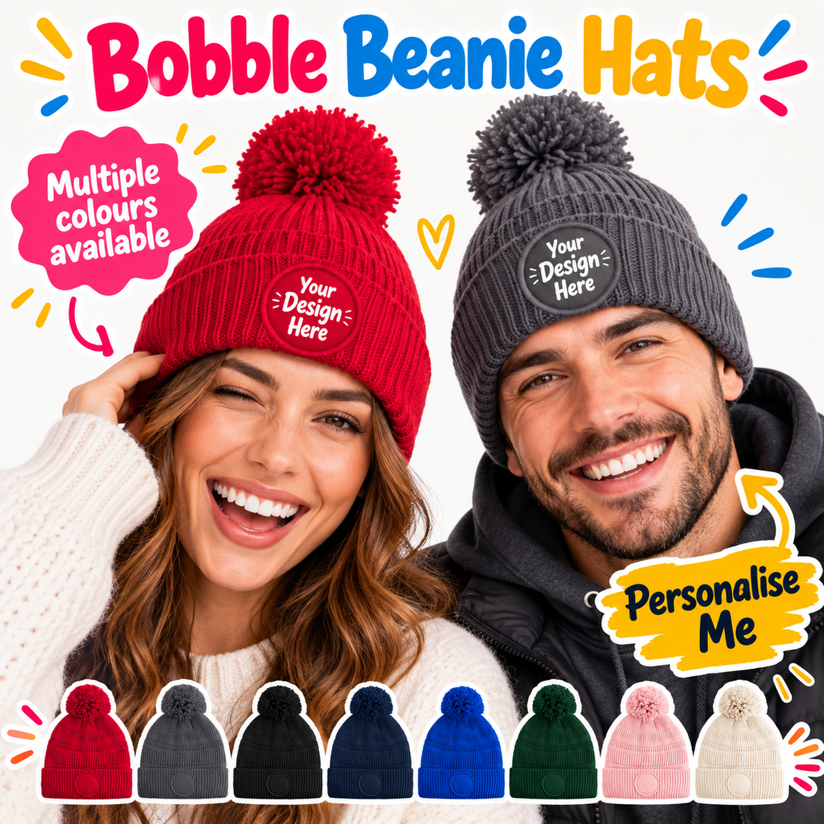 Fully Personalised Beechfield Circle Patch Pom Pom Bobble Hat - All Colours