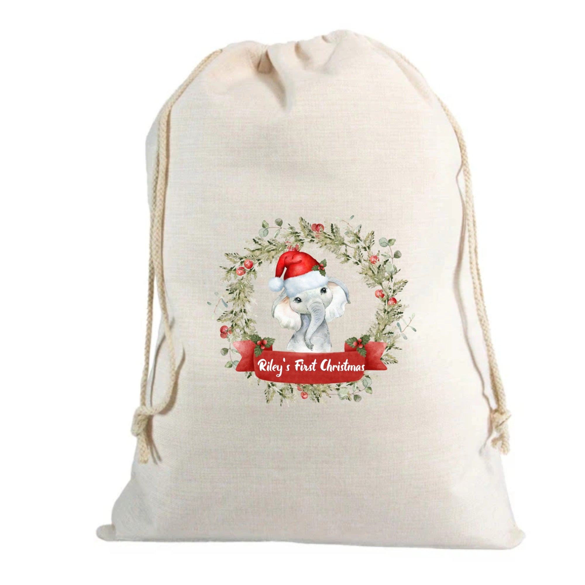 🎅 Personalised First Christmas Elephant Custom Name Linen Santa Sack – 70 x 85cm