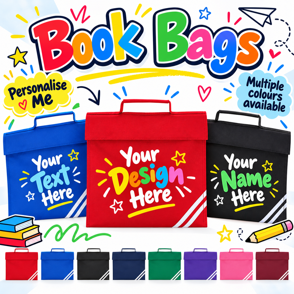 Fully Personalised Classic School Book Bag Quadra