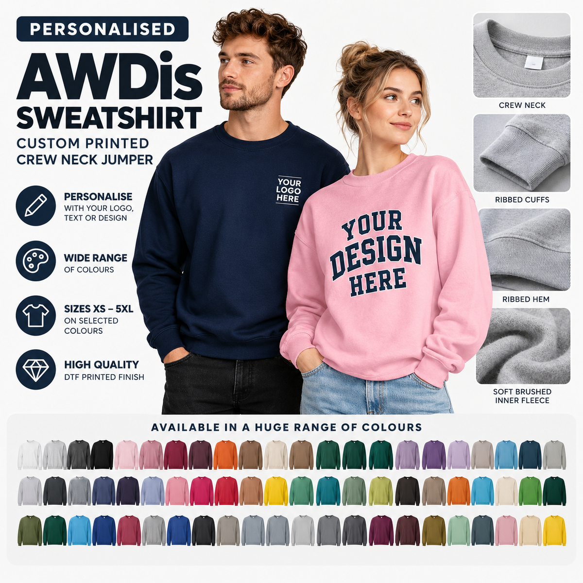 Personalised Adults AWDis JH030 Sweatshirt – Custom Printed Crew Neck Jumper