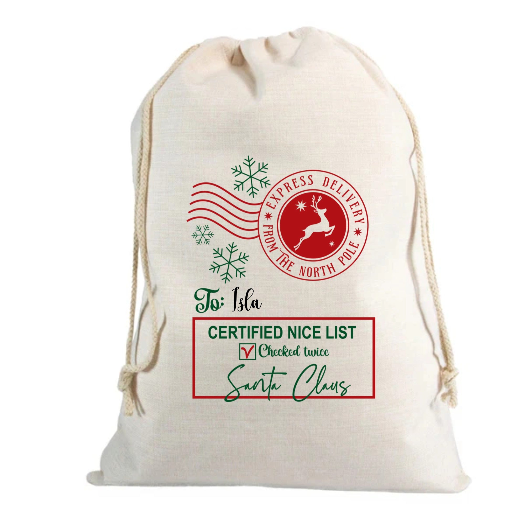 🎅 Personalised Nice List Elephant Custom Name Linen Santa Sack – 70 x 85cm