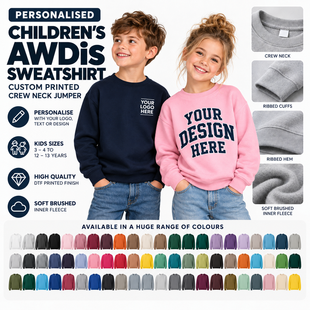 Personalised Children's AWDis JH030B Sweatshirt – Custom Printed Crew Neck Jumper
