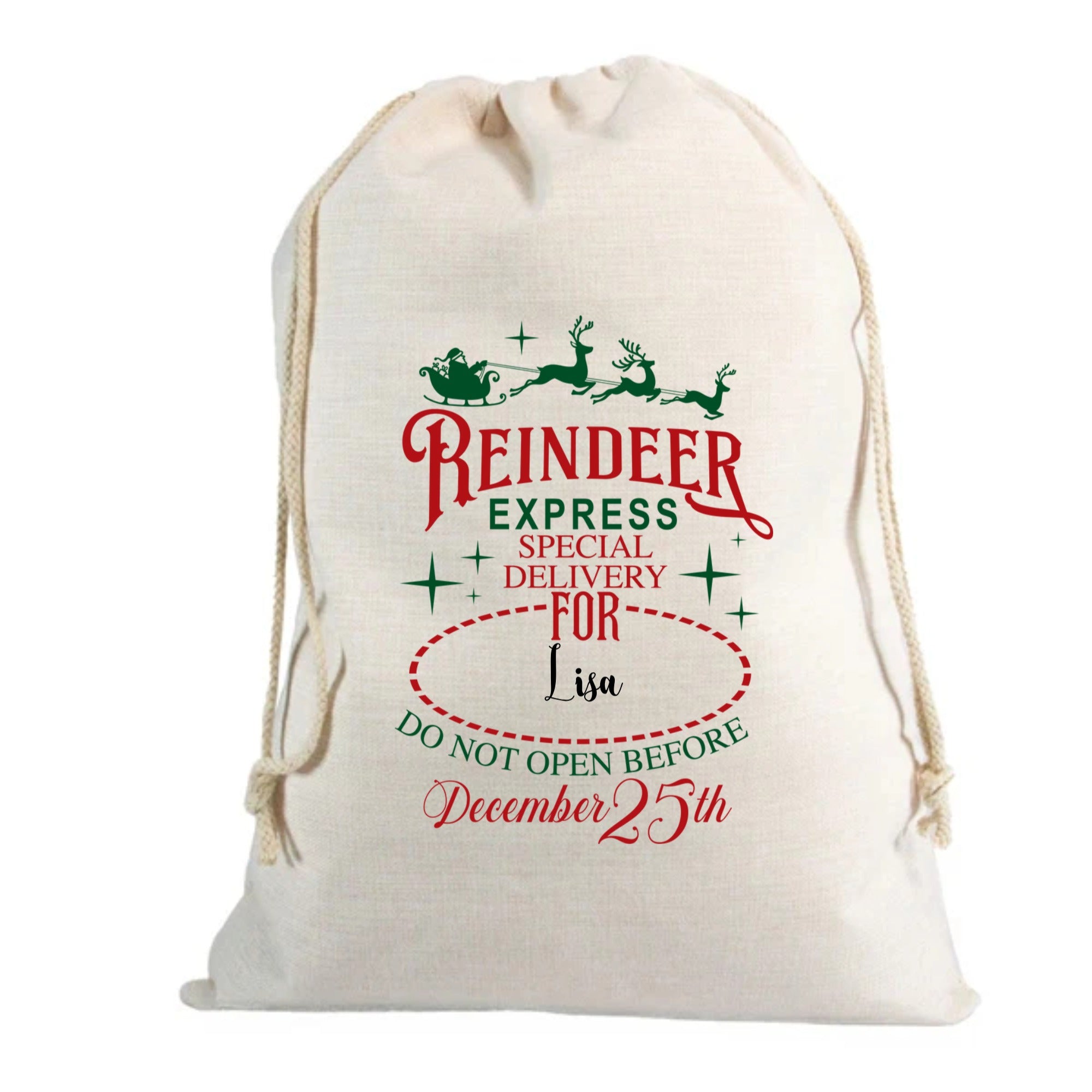 🎅 Personalised Reindeer Express Custom Name Linen Santa Sack – 70 x 85cm