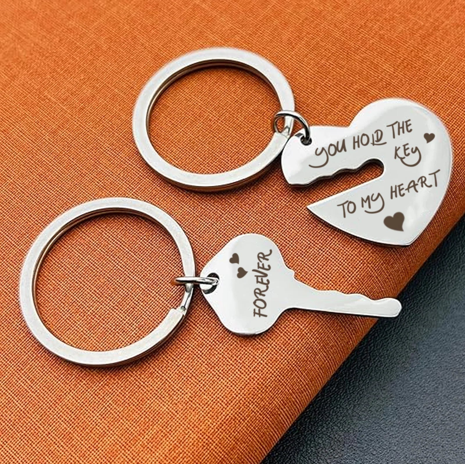Stainless Steel Heart and Key Keychain Set Matching Couples Engraved