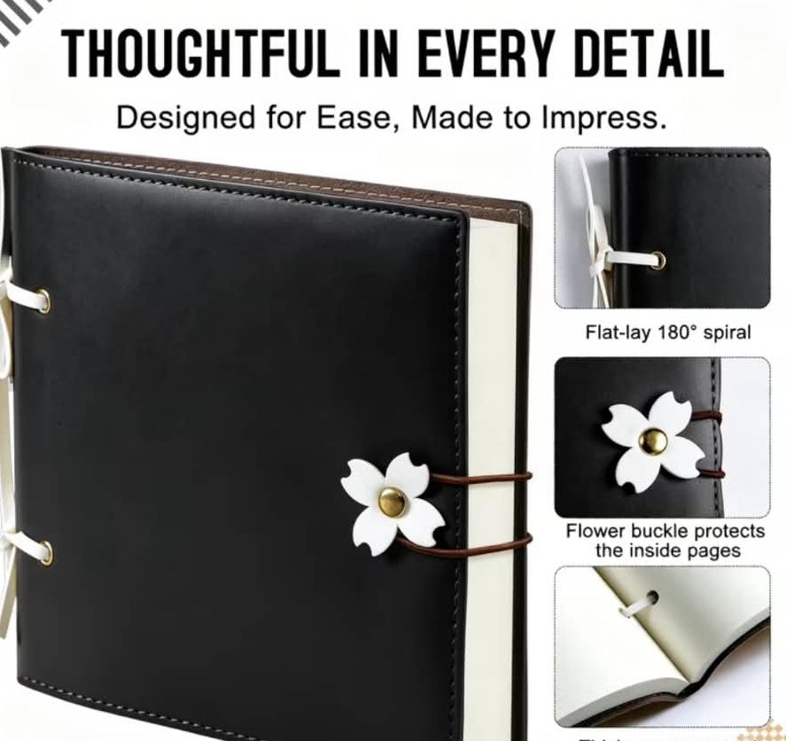 Black Flower Buckle Notebook – Elegant Flat-Lay Journal