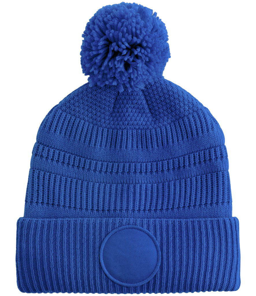 Fully Personalised Beechfield Royal Blue Circle Patch Pom Pom Bobble Hat