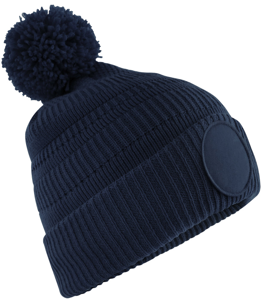 Fully Personalised Beechfield Navy Blue Circle Patch Pom Pom Bobble Hat