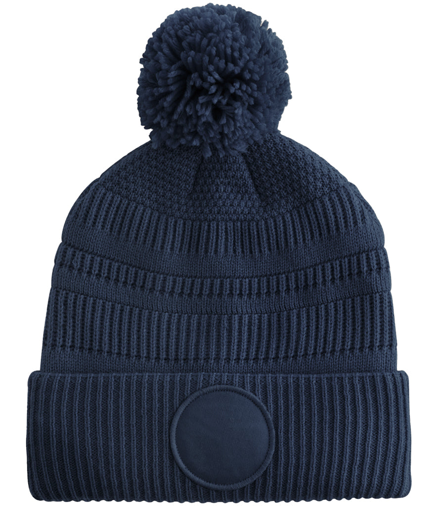 Fully Personalised Beechfield Navy Blue Circle Patch Pom Pom Bobble Hat