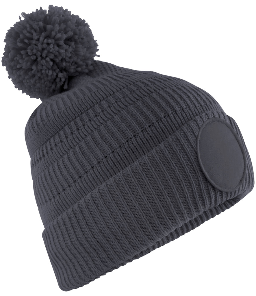 Fully Personalised Beechfield Graphite Grey Circle Patch Pom Pom Bobble Hat