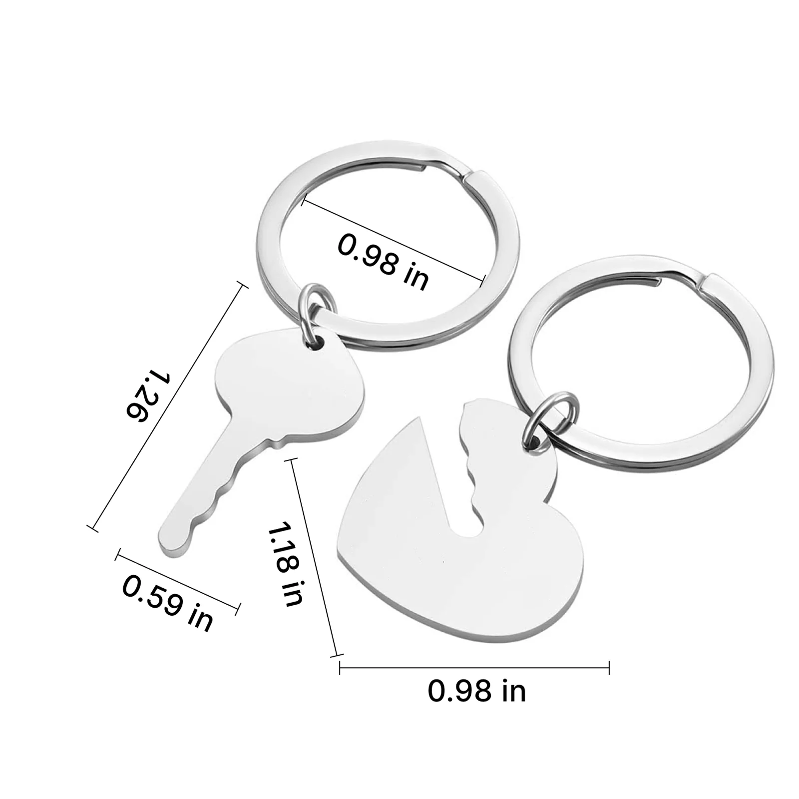 Stainless Steel Heart and Key Keychain Set Matching Couples Engraved