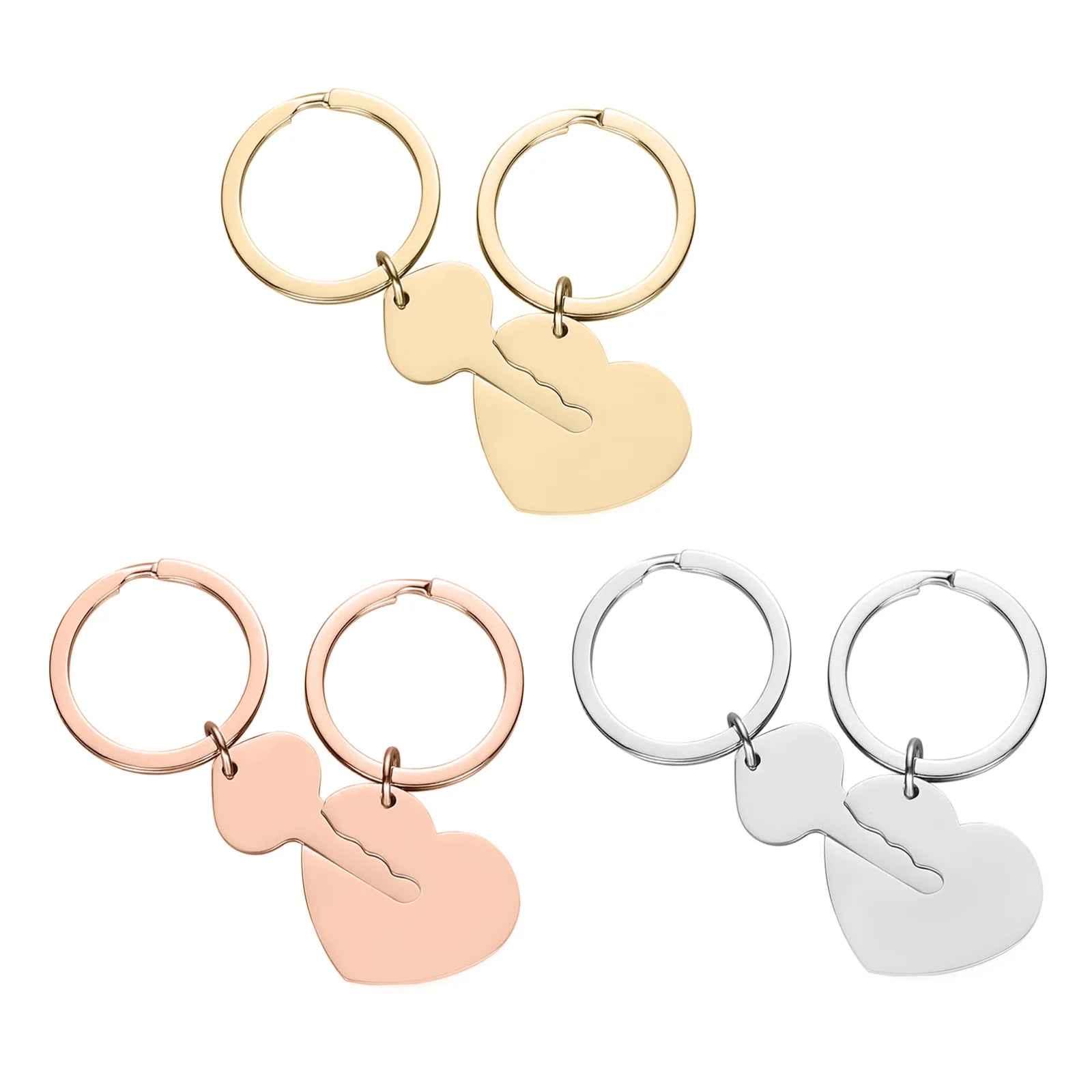 Stainless Steel Heart and Key Keychain Set Matching Couples Engraved
