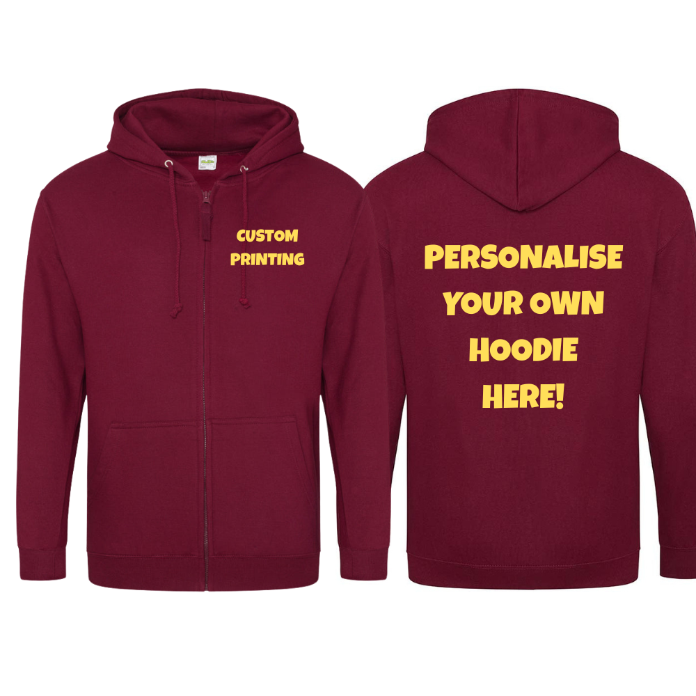 Fully Personalised Dark Red /Burgundy UNISEX Zip AWDis Hoodie - Create Your Design - Perham Prints