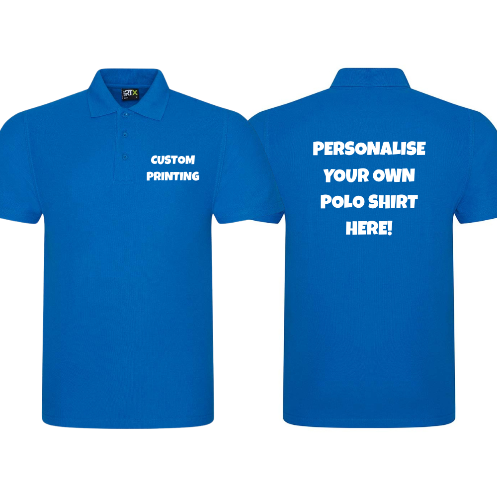 Fully Personalised Sapphire Blue Pro RTX Polo Shirt UNISEX - Create Your Design - Perham Prints