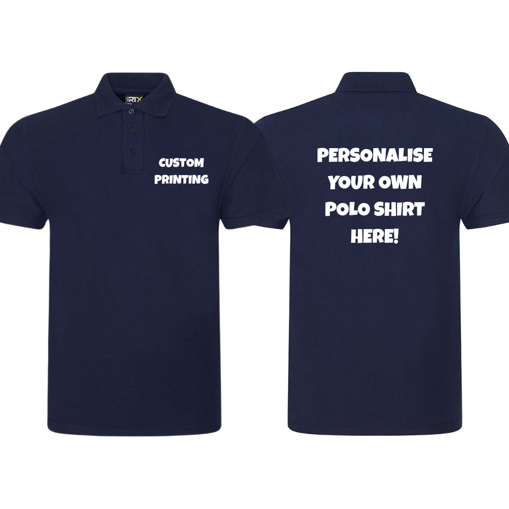Fully Personalised Navy Blue Pro RTX Polo Shirt UNISEX - Create Your Design - Perham Prints