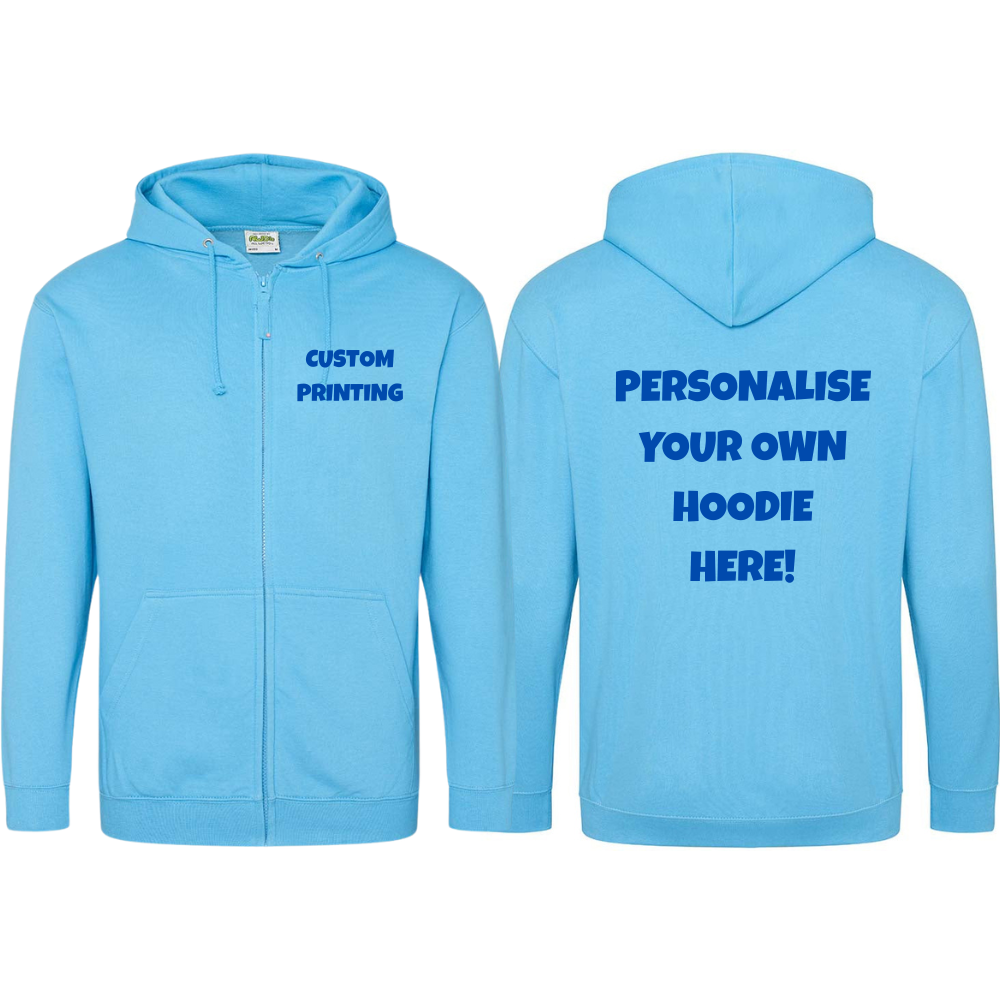 Fully Personalised Light Blue UNISEX Zip AWDis Hoodie - Create Your Design - Perham Prints