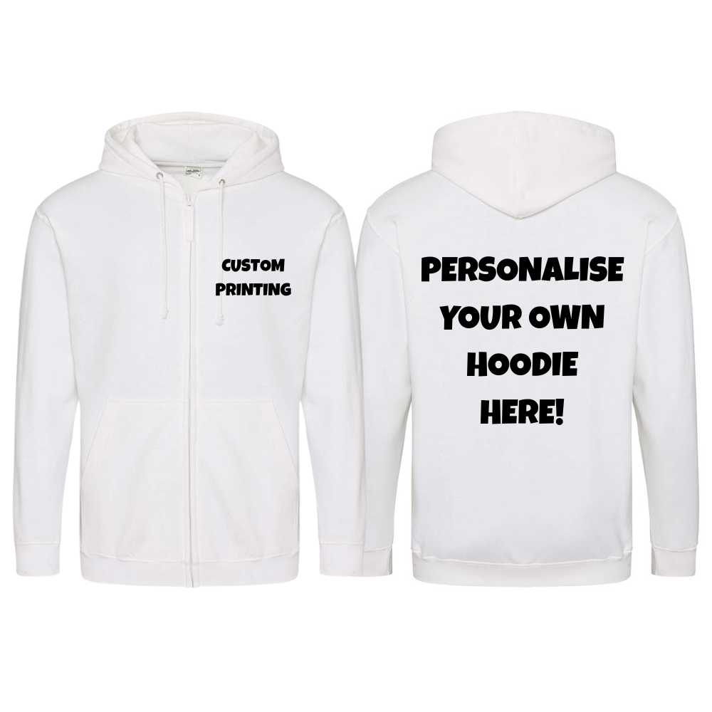 Fully Personalised White UNISEX Zip AWDis Hoodie - Create Your Design