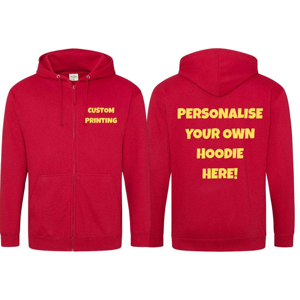 Fully Personalised Red UNISEX Zip AWDis Hoodie - Create Your Design - Perham Prints