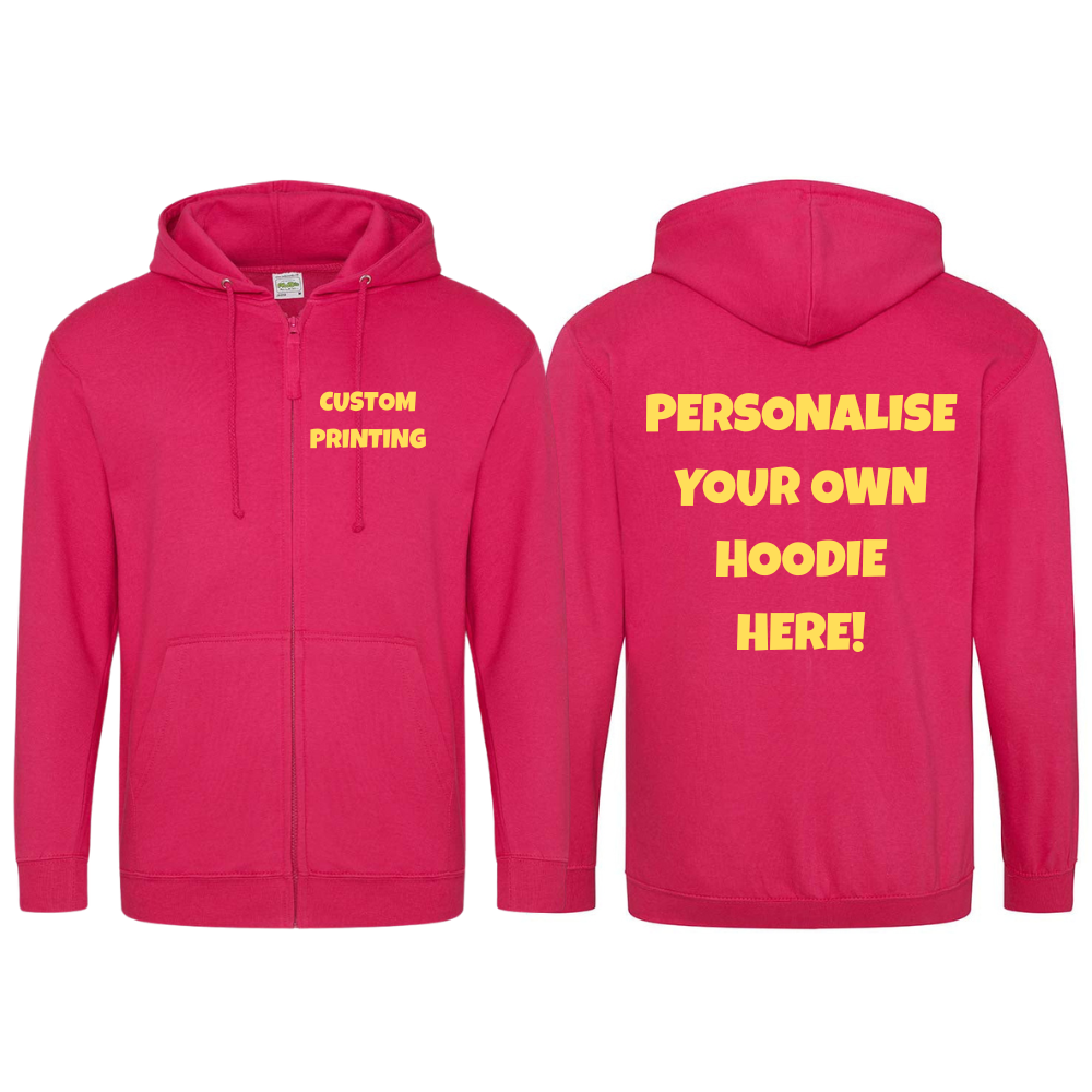 Fully Personalised Fuschia Pink UNISEX Zip AWDis Hoodie - Create Your Design - Perham Prints