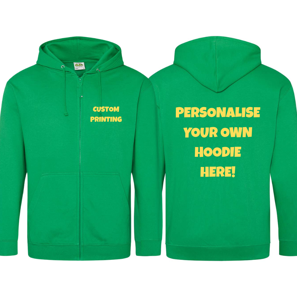 Fully Personalised Irish Green UNISEX Zip AWDis Hoodie - Create Your Design
