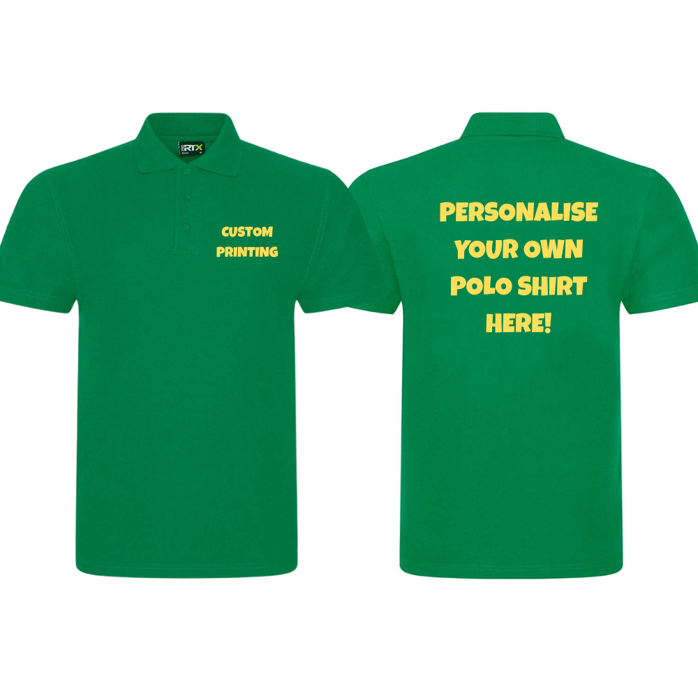 Fully Personalised Kelly Green UNISEX Pro RTX Polo Shirt - Create Your Design - Perham Prints
