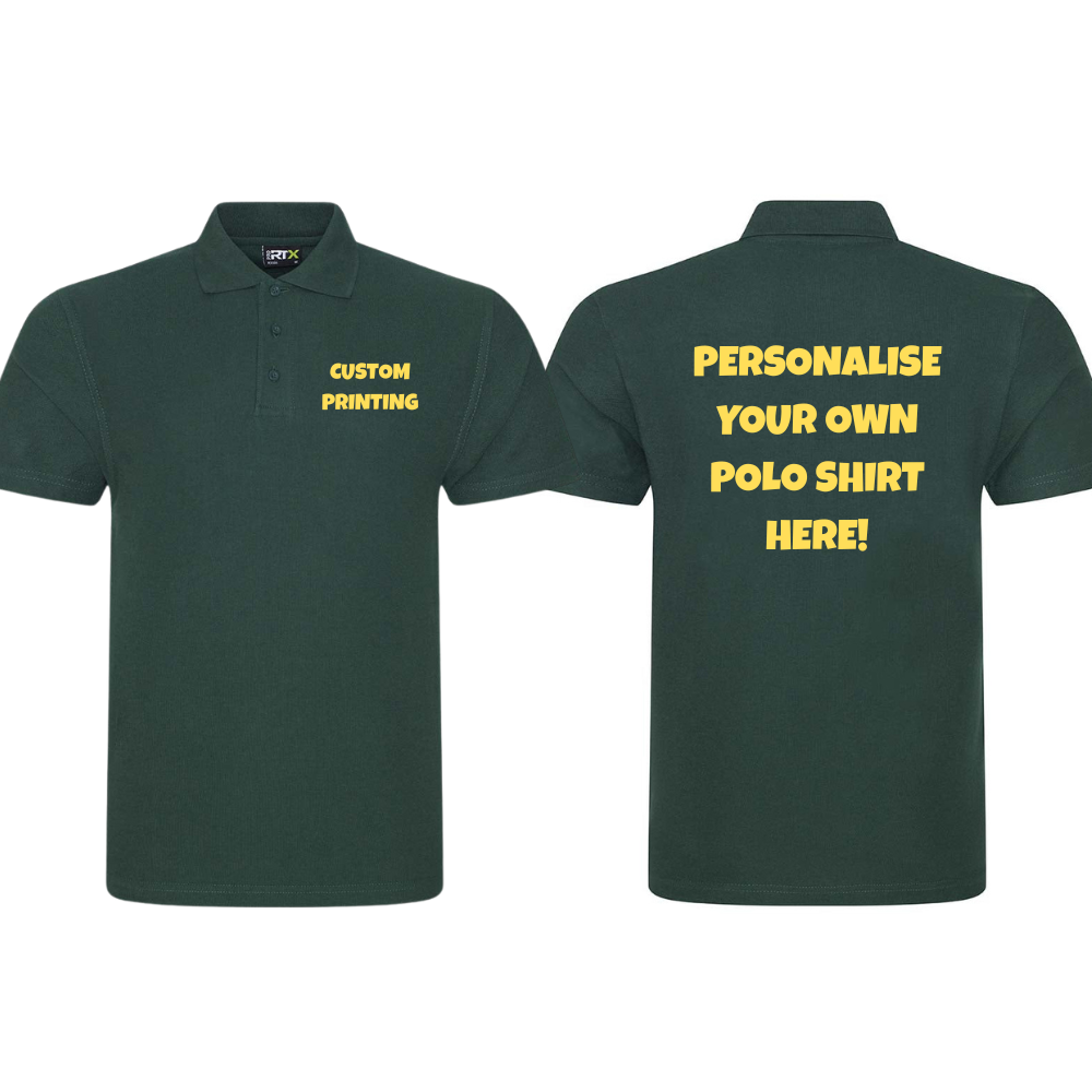Fully Personalised Bottle Green UNISEX Pro RTX Polo Shirt - Create Your Design - Perham Prints