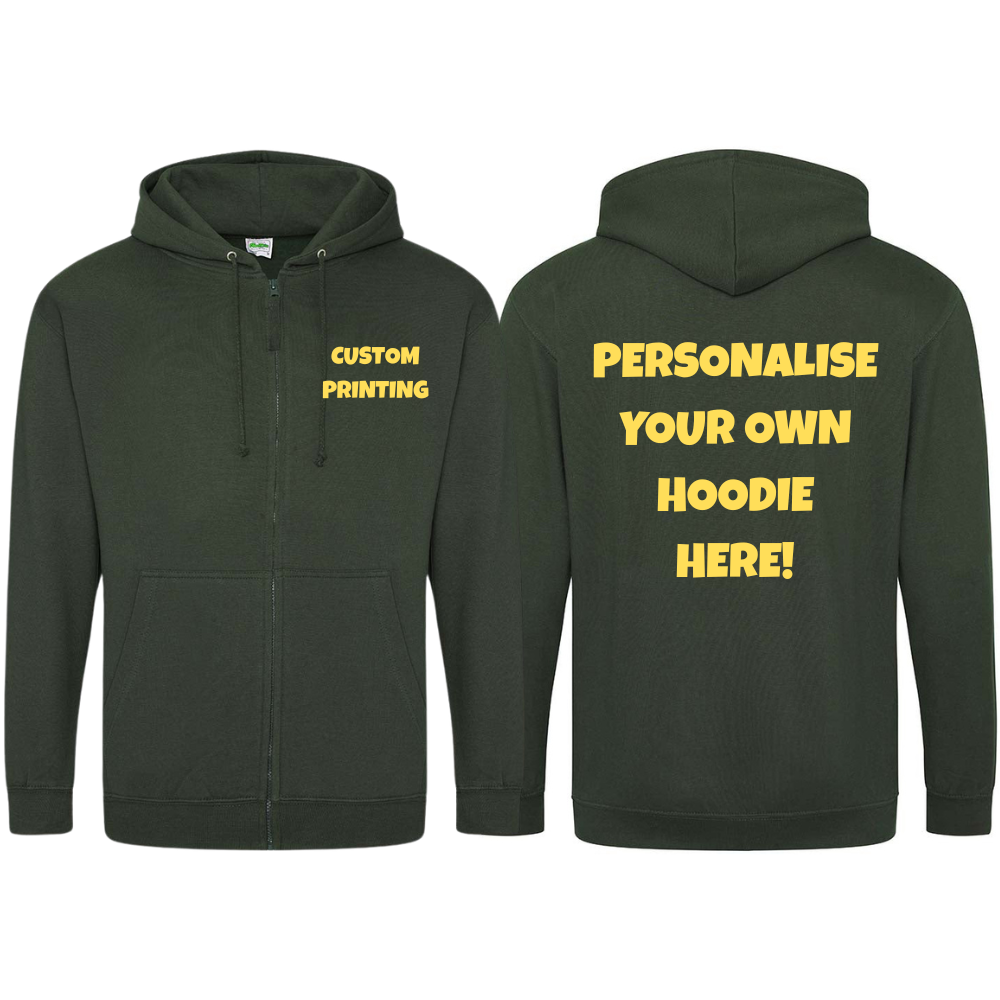 Fully Personalised Bottle Green (Dark Green) UNISEX Zip AWDis Hoodie - Create Your Design - Perham Prints