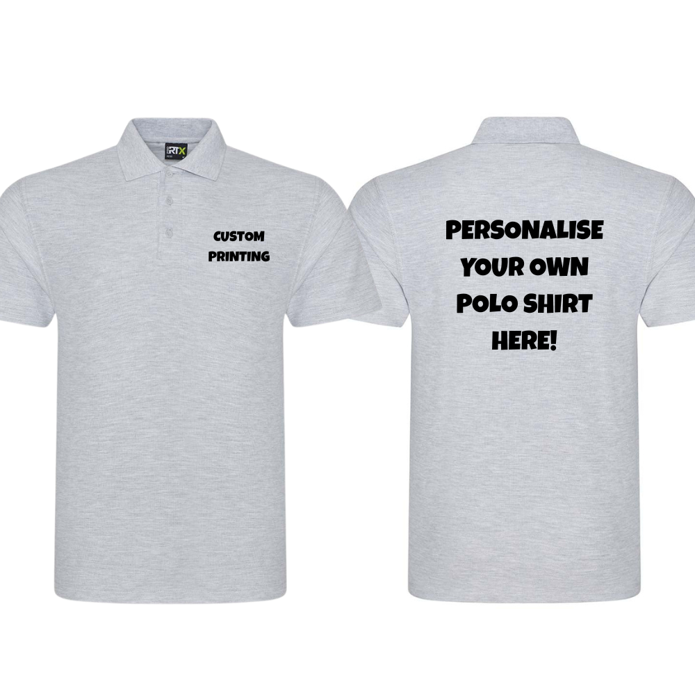Fully Personalised Heather Grey UNISEX Pro RTX Polo Shirt - Create Your Design - Perham Prints