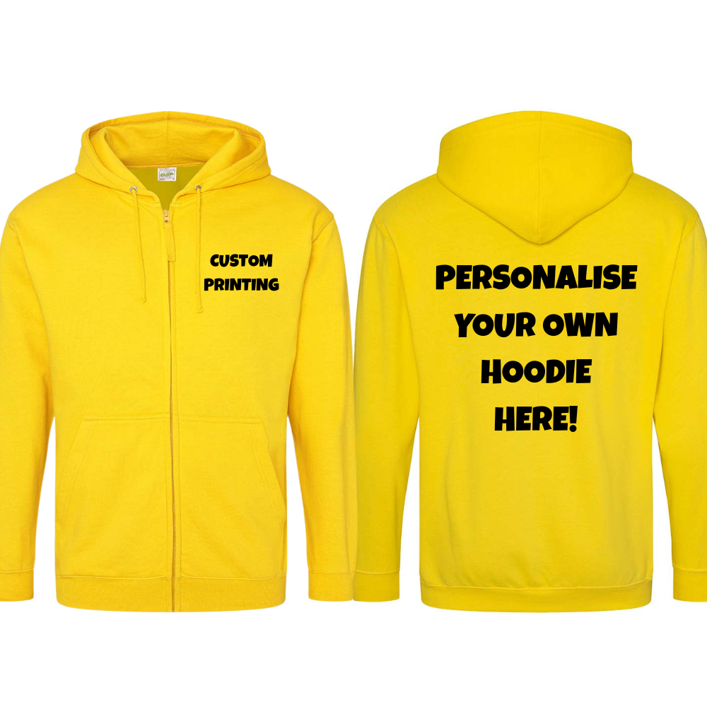 Fully Personalised Yellow UNISEX Zip AWDis Hoodie - Create Your Design
