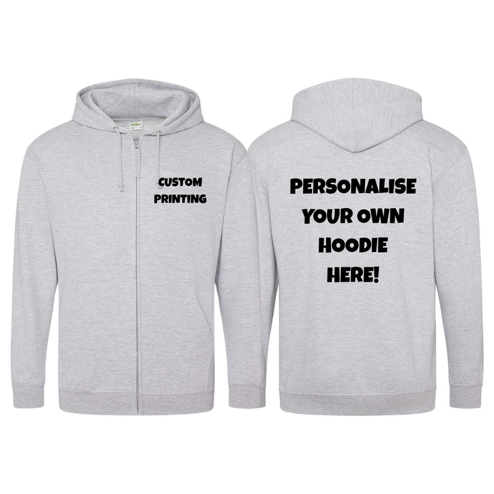 Fully Personalised Sports Grey UNISEX Zip AWDis Hoodie - Create Your Design - Perham Prints