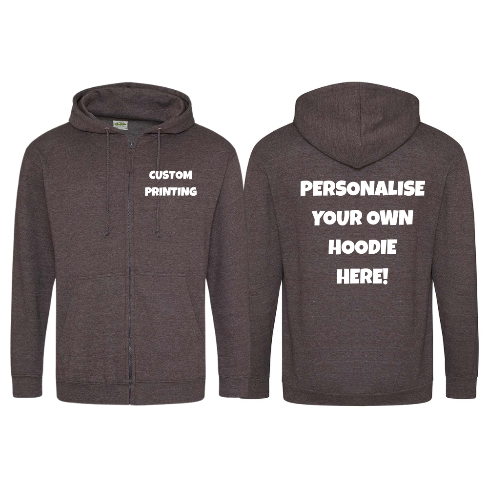 Fully Personalised Charcoal Grey UNISEX Zip AWDis Hoodie - Create Your Design - Perham Prints