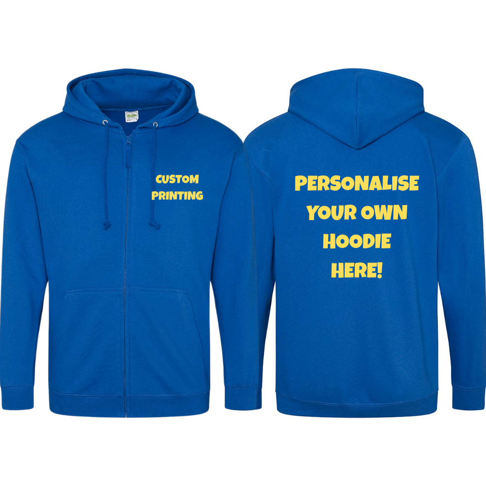 Fully Personalised Royal Blue UNISEX Zip AWDis Hoodie - Create Your Design - Perham Prints