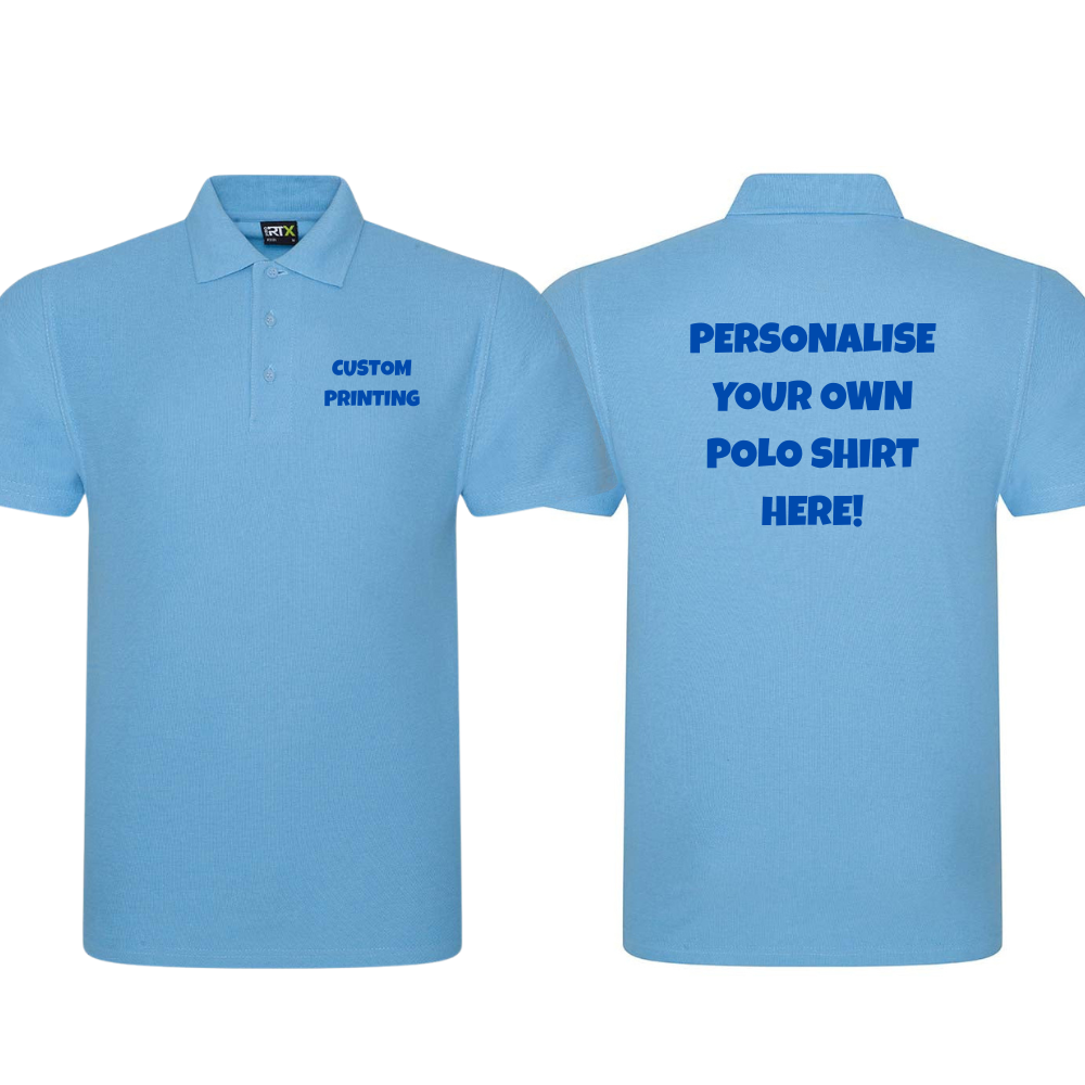 Fully Personalised Light Blue UNISEX Pro RTX Polo Shirt - Create Your Design - Perham Prints