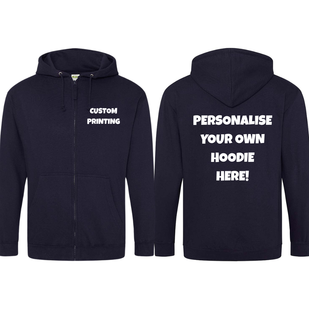 Fully Personalised Navy Blue UNISEX Zip AWDis Hoodie - Create Your Design - Perham Prints