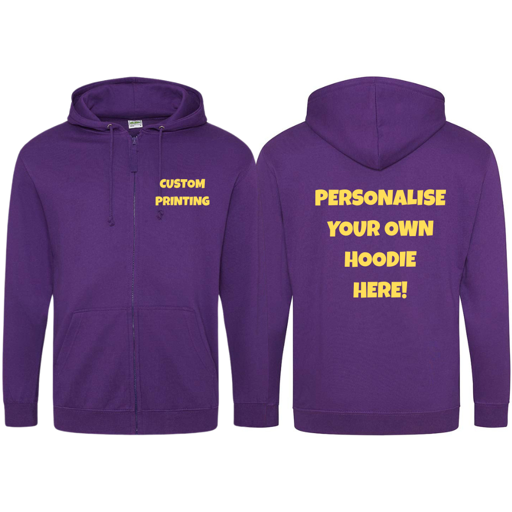 Fully Personalised Purple UNISEX Zip AWDis Hoodie - Create Your Design