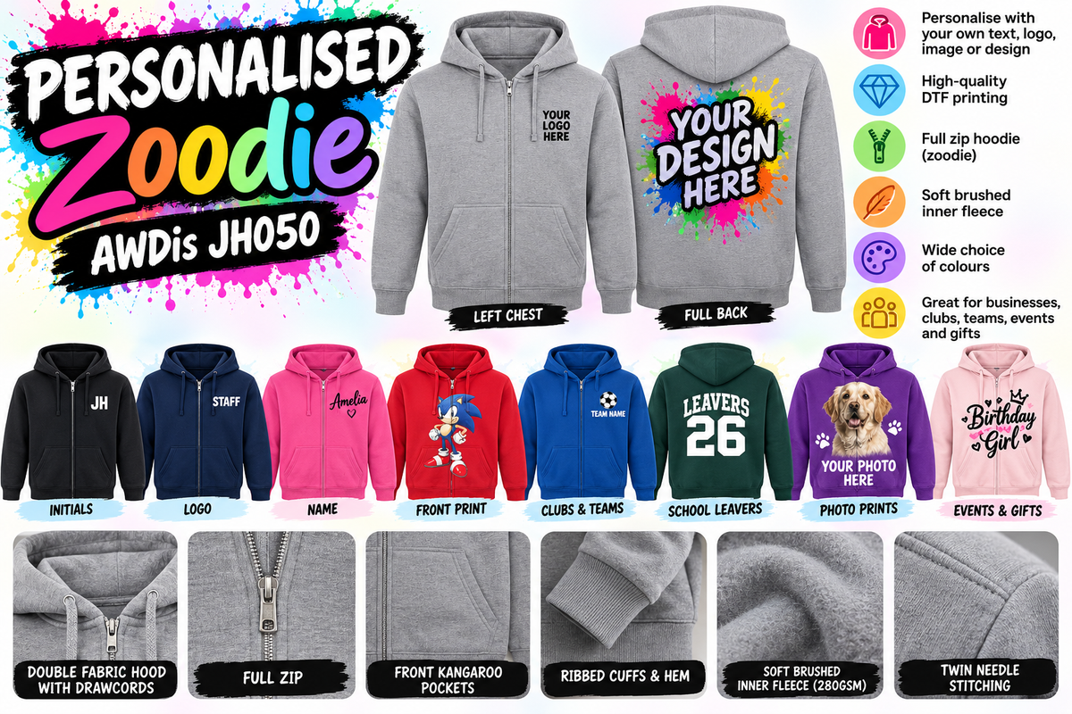 Personalised AWDis JH050 Zoodie – Custom Printed Full Zip Hoodie