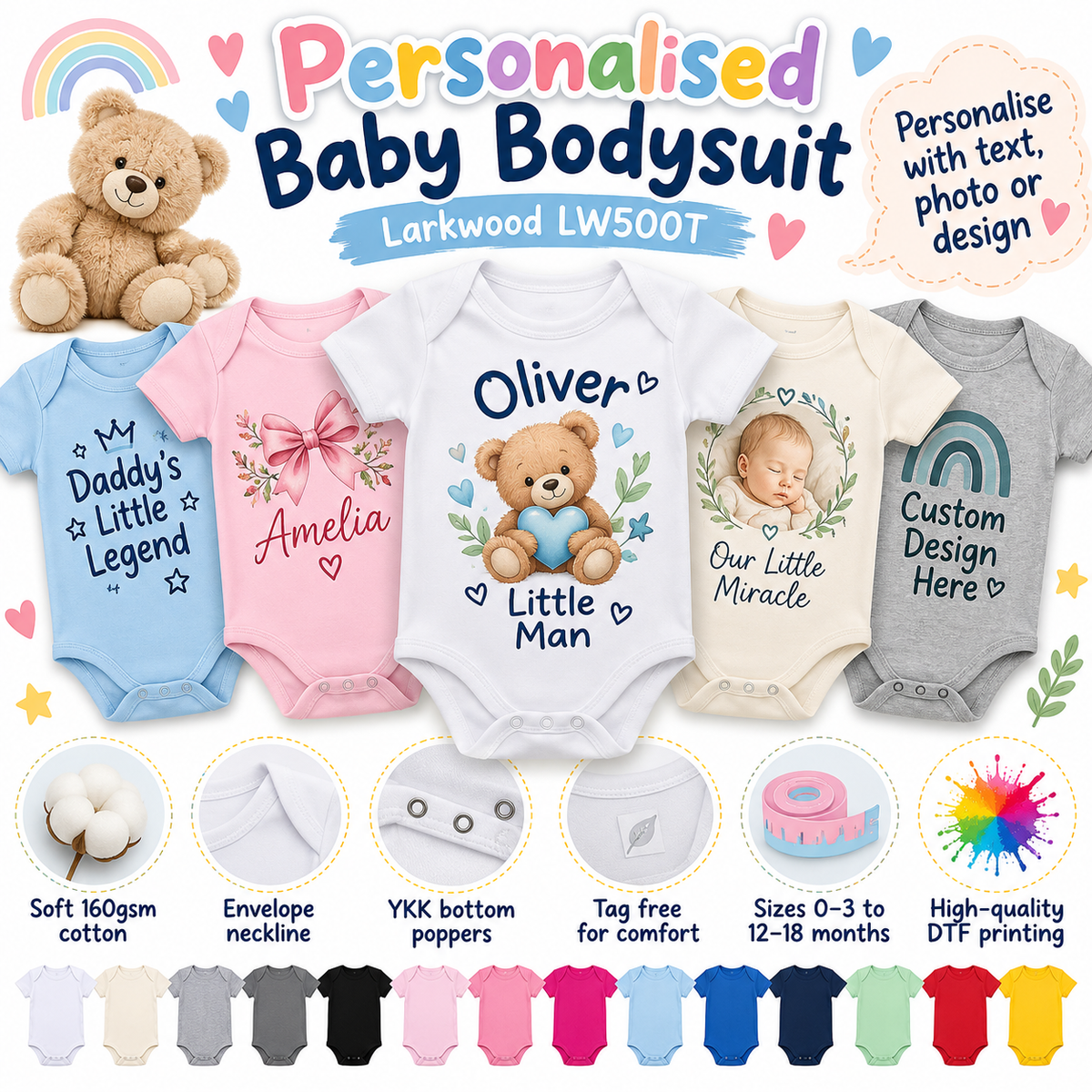 Personalised Larkwood LW500T Baby Bodysuit – Custom Printed Short Sleeve Baby Vest