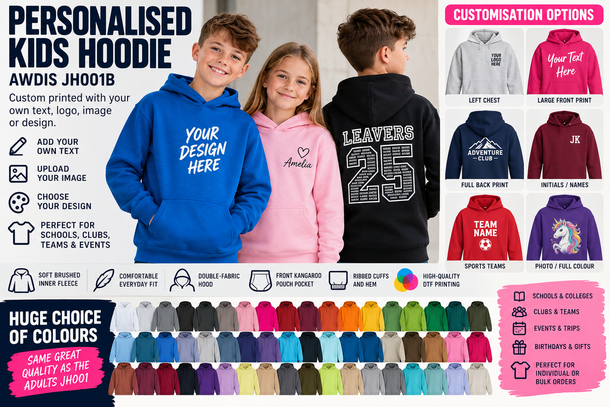 Personalised Kids AWDis JH001B Hoodie – Custom Printed Children’s Pullover Hoodie