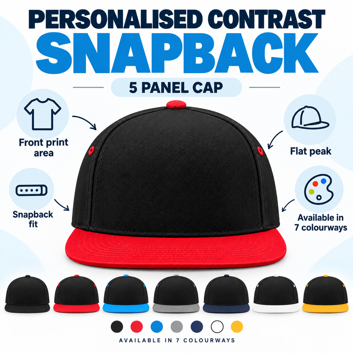Personalised Beechfield BB610C 5 Panel Contrast Snapback Cap – Custom Printed Flat Peak Cap