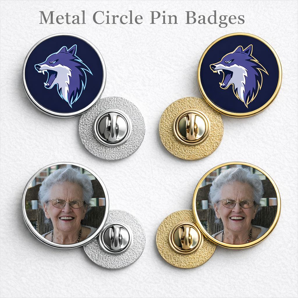 Personalised Photo Text Round Metal Pin Badge - All Colours