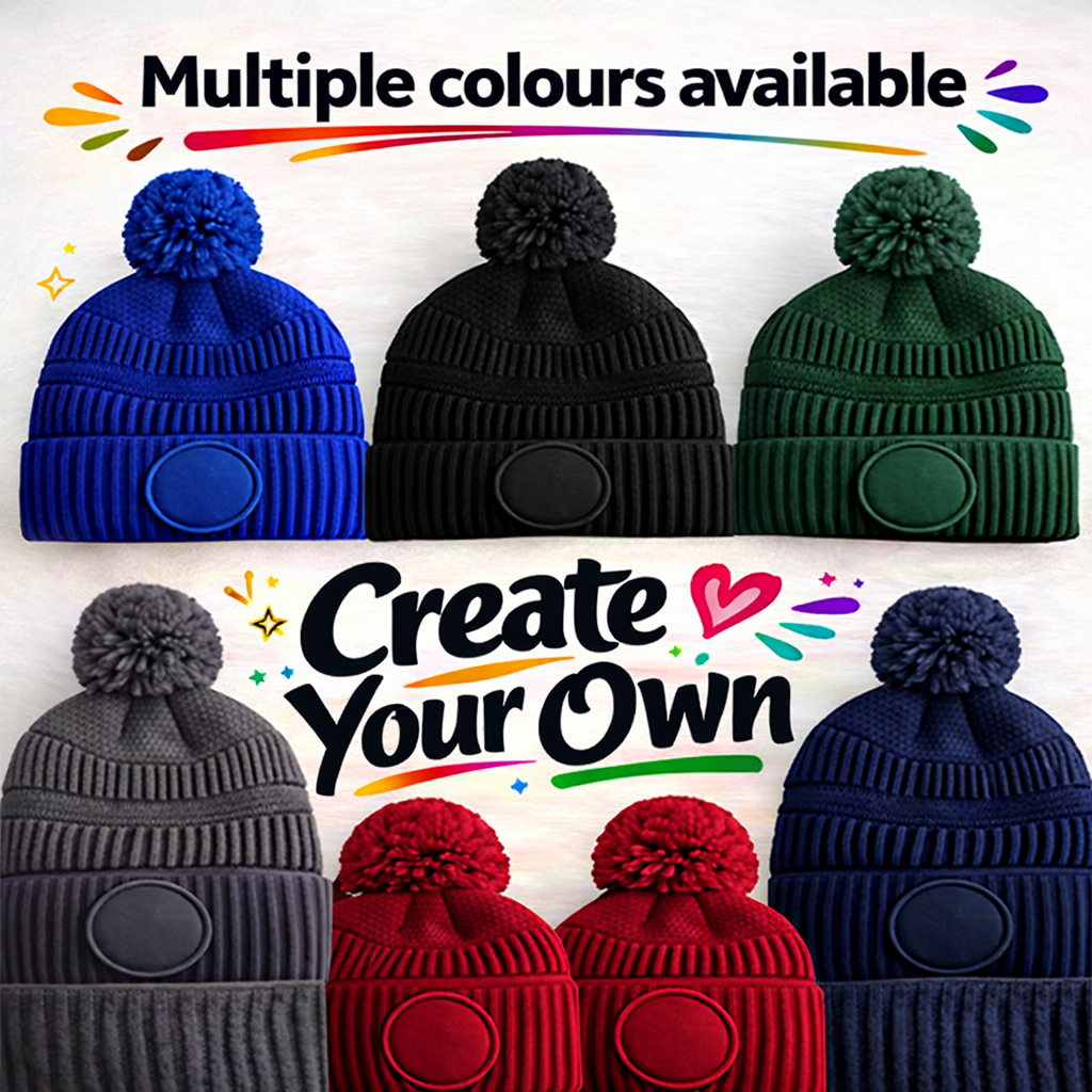 Fully Personalised Beechfield Circle Patch Pom Pom Bobble Hat - All Colours