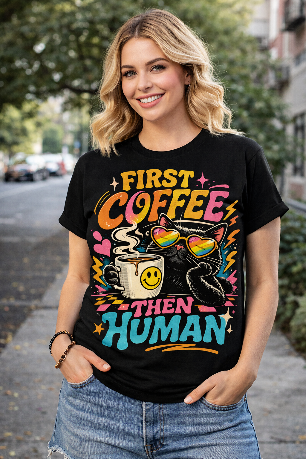 First Coffee Then Human Black Cat Coffee Black UNISEX Tshirt - Perham Prints