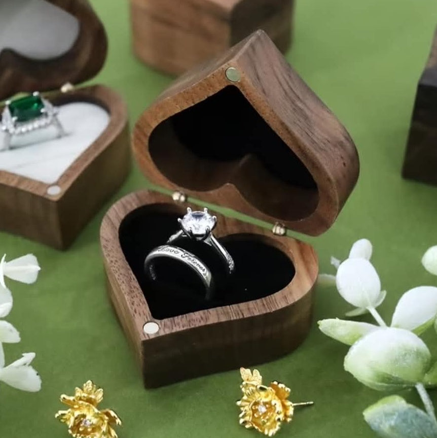 Personalised Engraved Oak Wedding Ring Box – Heart-Shaped Ring Holder